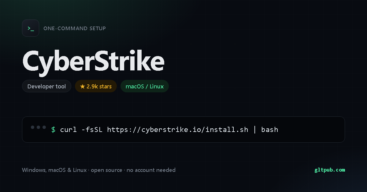 CyberStrike one-command setup card, developer tool, for macOS and Linux, 2.9k stars on the project's repository