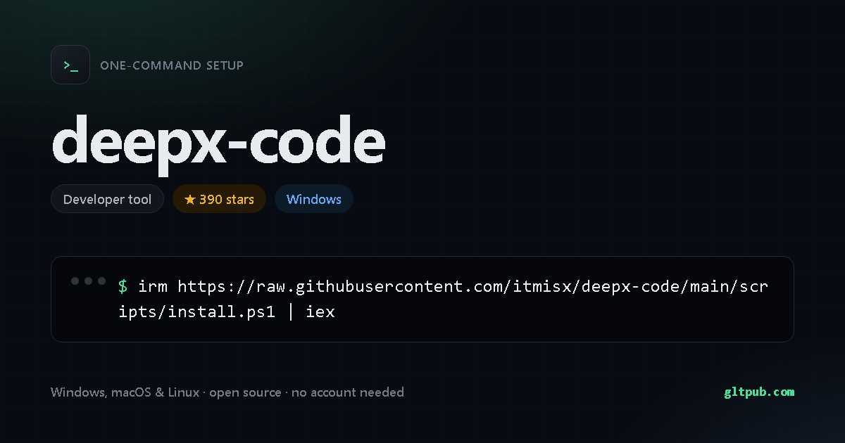 deepx-code one-command setup card, developer tool, for Windows, 390 stars on the project's repository
