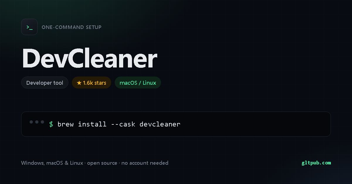 DevCleaner one-command setup card, developer tool, for macOS and Linux, 1.6k stars on the project's repository