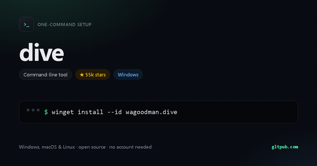dive one-command setup card, command-line tool, for Windows, 55k stars on the project's repository