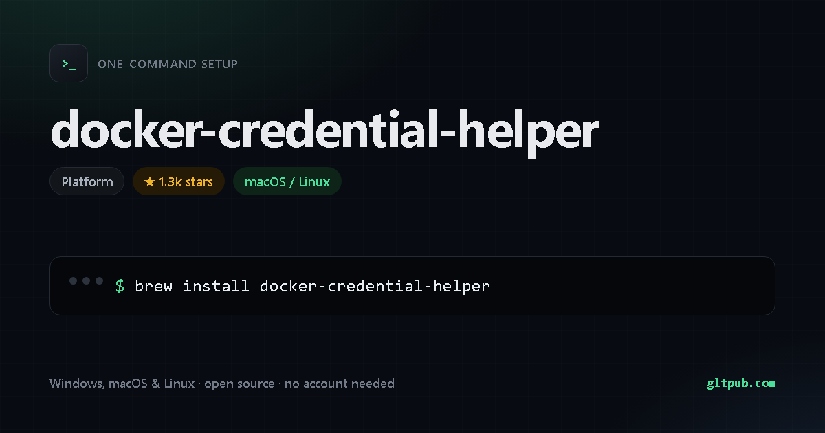 docker-credential-helper one-command setup card, platform, for macOS and Linux, 1.3k stars on the project's repository
