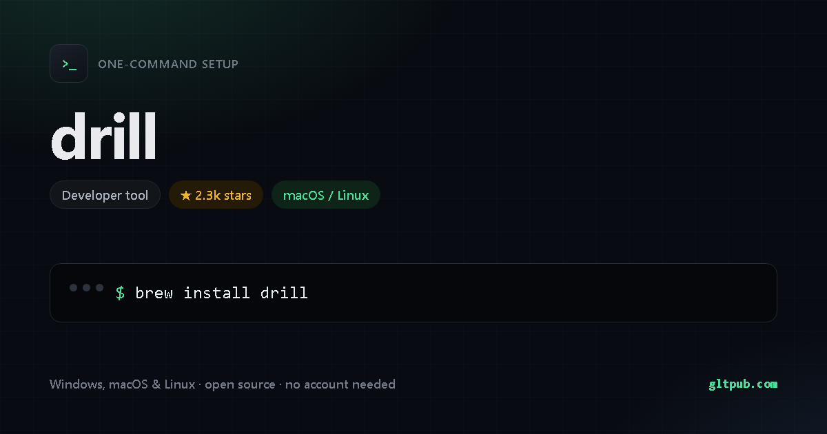 drill one-command setup card, developer tool, for macOS and Linux, 2.3k stars on the project's repository