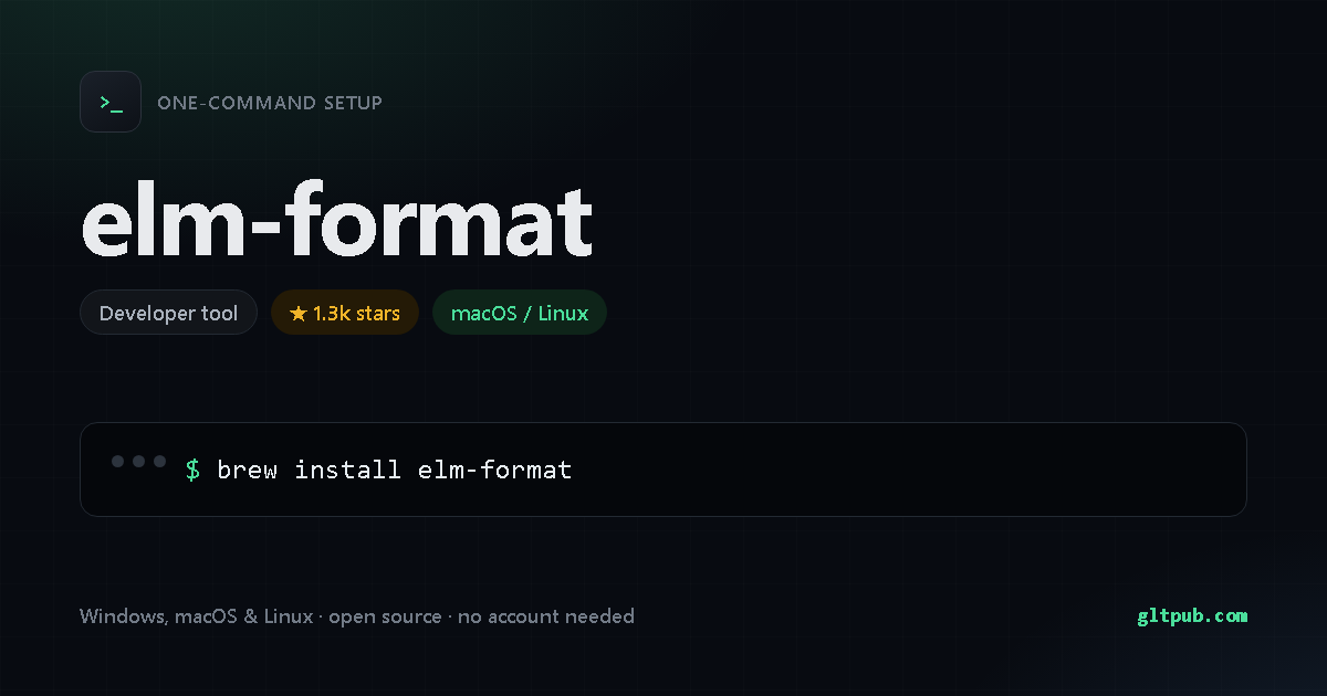 elm-format one-command setup card, developer tool, for macOS and Linux, 1.3k stars on the project's repository