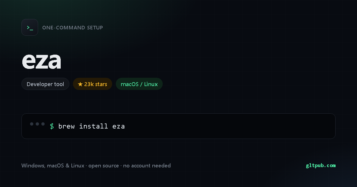 eza one-command setup card, developer tool, for macOS and Linux, 23k stars on the project's repository