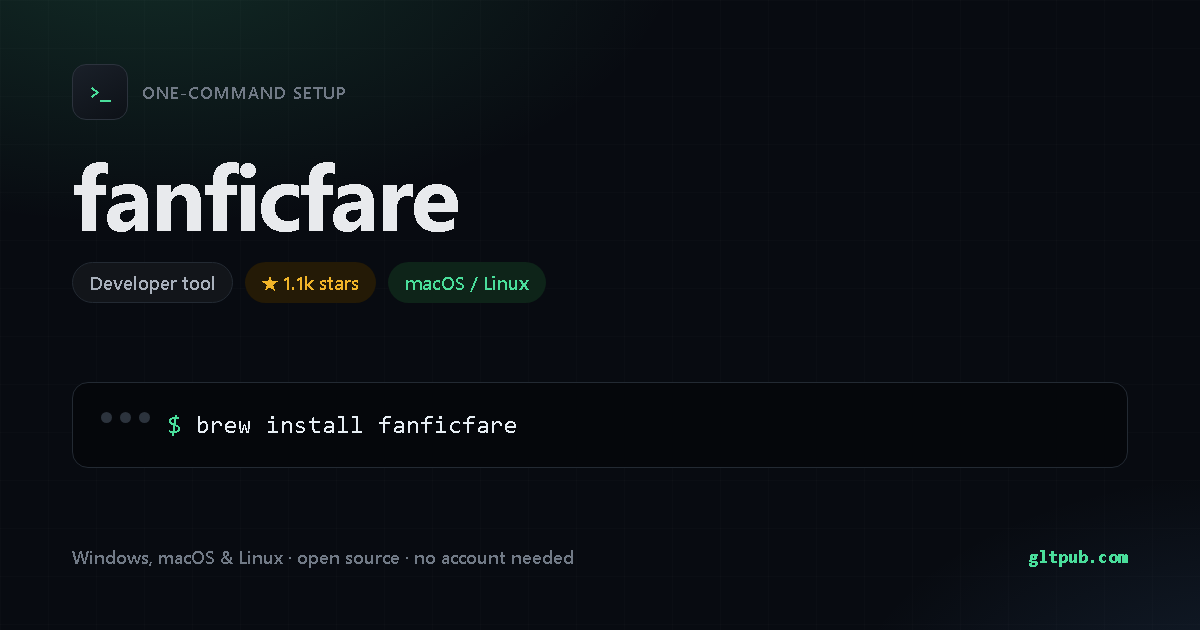 fanficfare one-command setup card, developer tool, for macOS and Linux, 1.1k stars on the project's repository