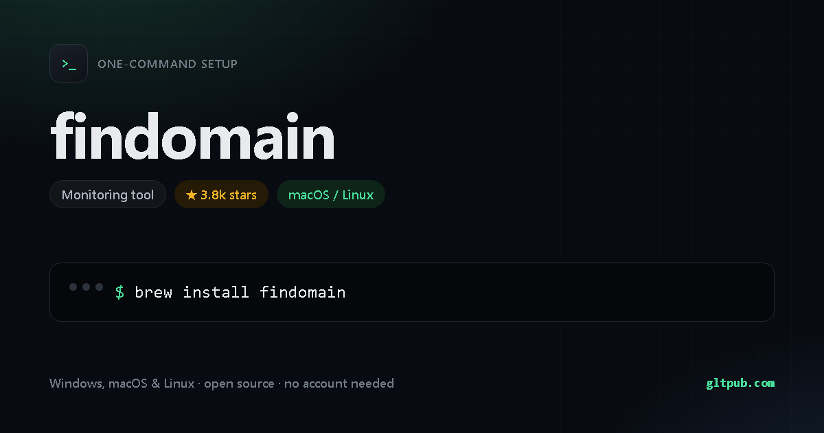 findomain one-command setup card, monitoring tool, for macOS and Linux, 3.8k stars on the project's repository