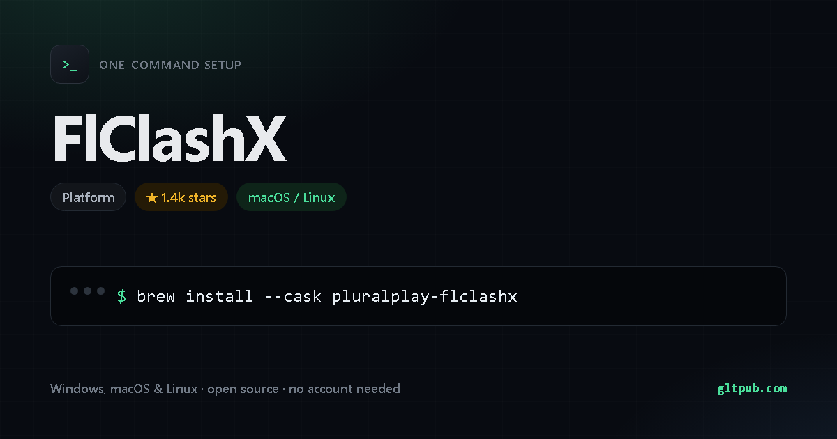 FlClashX one-command setup card, platform, for macOS and Linux, 1.4k stars on the project's repository