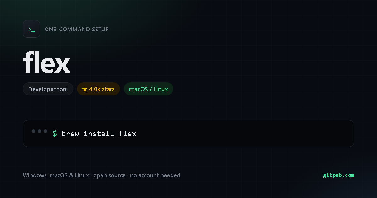 flex one-command setup card, developer tool, for macOS and Linux, 4.0k stars on the project's repository