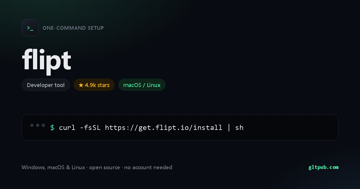 flipt one-command setup card, developer tool, for macOS and Linux, 4.9k stars on the project's repository