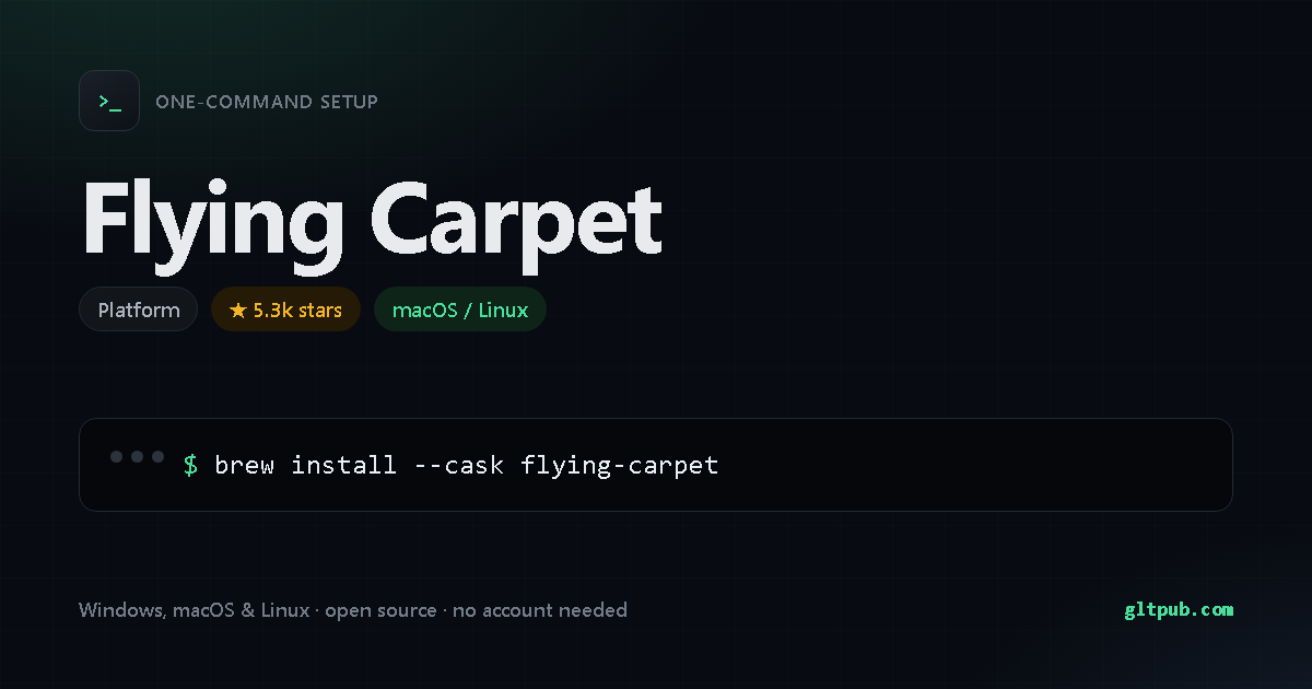 Flying Carpet one-command setup card, platform, for macOS and Linux, 5.3k stars on the project's repository