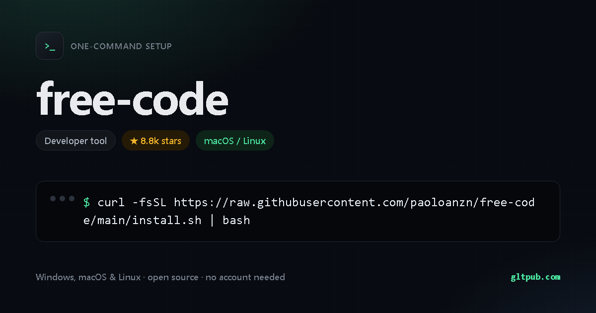 free-code one-command setup card, developer tool, for macOS and Linux, 8.8k stars on the project's repository