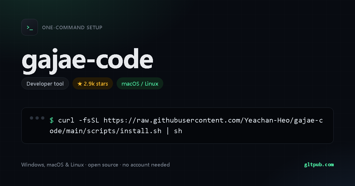 gajae-code one-command setup card, developer tool, for macOS and Linux, 2.9k stars on the project's repository