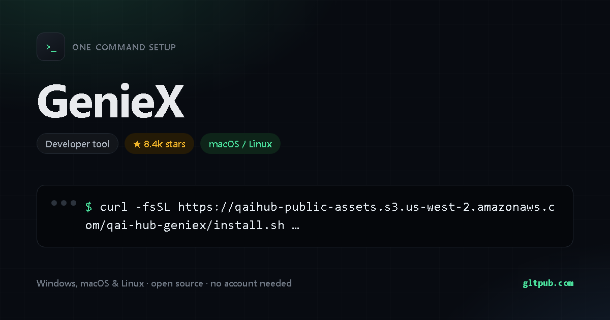 GenieX one-command setup card, developer tool, for macOS and Linux, 8.4k stars on the project's repository