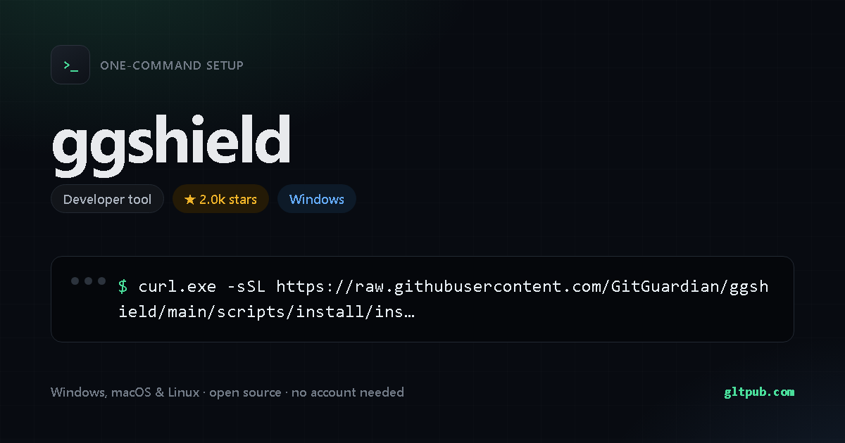 ggshield one-command setup card, developer tool, for Windows, 2.0k stars on the project's repository