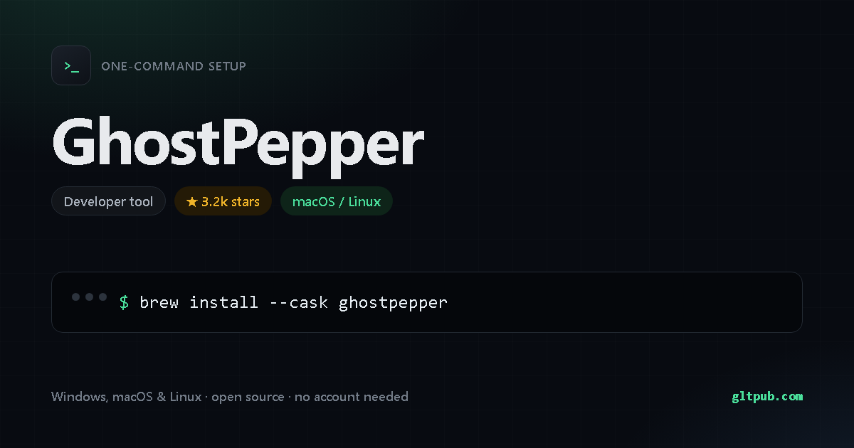 GhostPepper one-command setup card, developer tool, for macOS and Linux, 3.2k stars on the project's repository