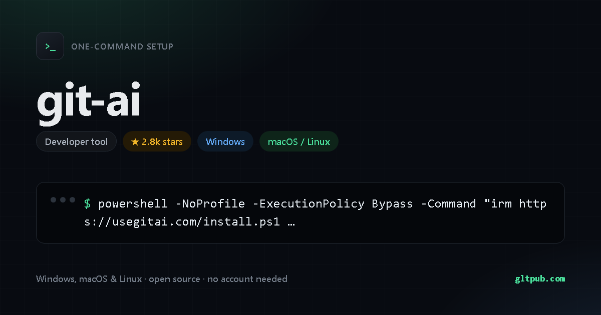 git-ai one-command setup card, developer tool, for Windows and macOS and Linux, 2.8k stars on the project's repository