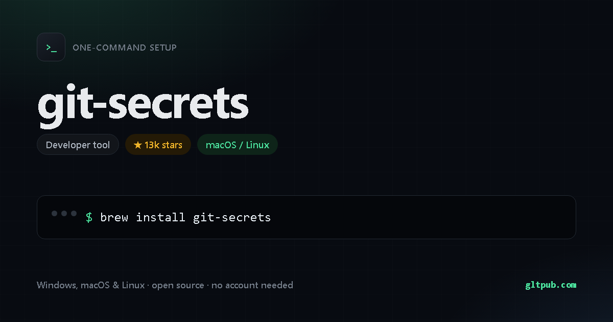 git-secrets one-command setup card, developer tool, for macOS and Linux, 13k stars on the project's repository