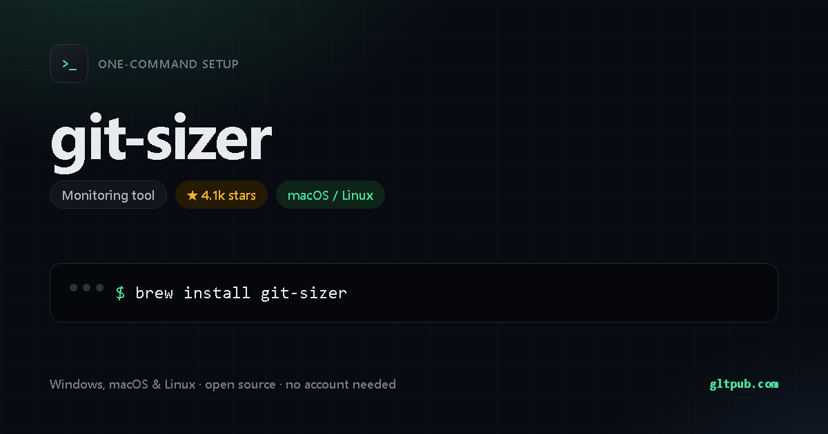 git-sizer one-command setup card, monitoring tool, for macOS and Linux, 4.1k stars on the project's repository