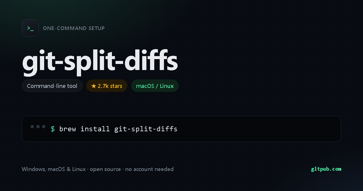 git-split-diffs one-command setup card, command-line tool, for macOS and Linux, 2.7k stars on the project's repository