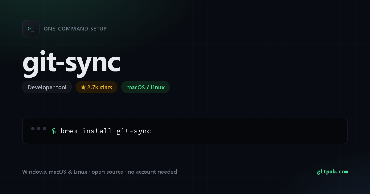git-sync one-command setup card, developer tool, for macOS and Linux, 2.7k stars on the project's repository