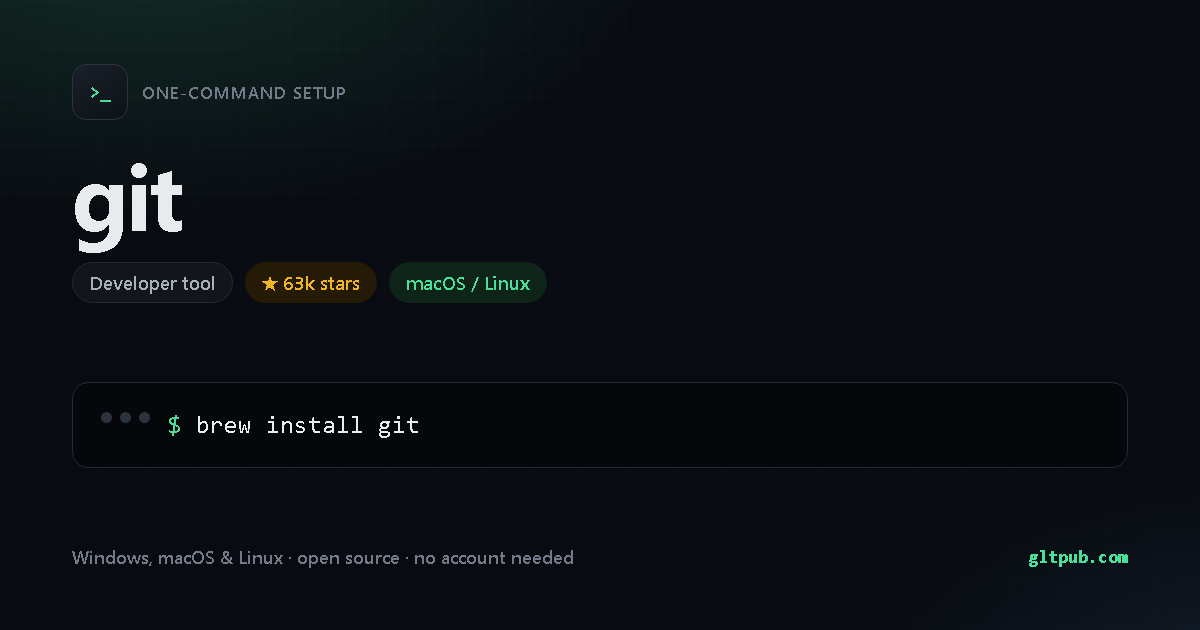 git one-command setup card, developer tool, for macOS and Linux, 63k stars on the project's repository