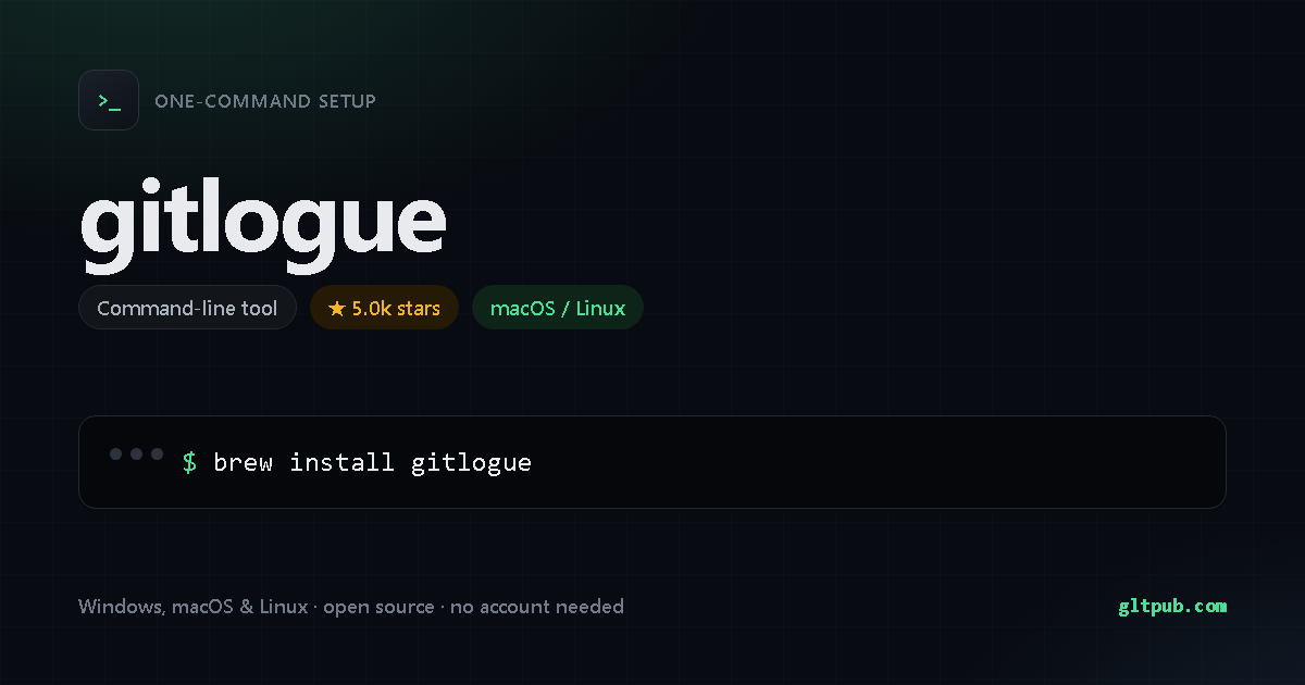 gitlogue one-command setup card, command-line tool, for macOS and Linux, 5.0k stars on the project's repository