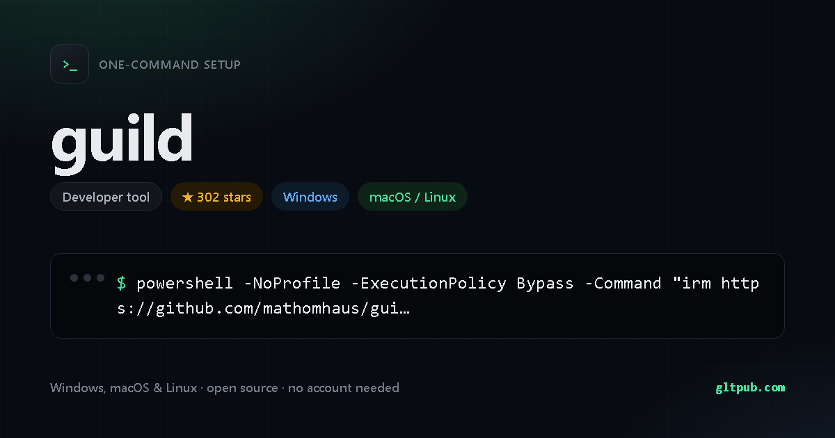 guild one-command setup card, developer tool, for Windows and macOS and Linux, 302 stars on the project's repository