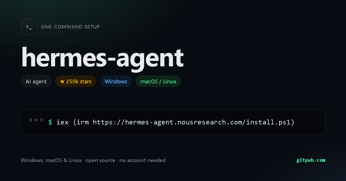 hermes-agent one-command setup card, ai agent, for Windows and macOS and Linux, 250k stars on the project's repository