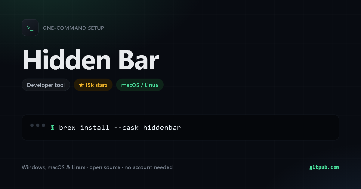 Hidden Bar one-command setup card, developer tool, for macOS and Linux, 15k stars on the project's repository