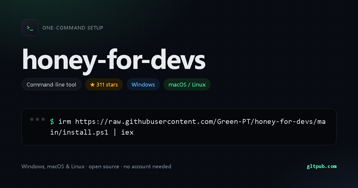honey-for-devs one-command setup card, developer tool, for Windows and macOS and Linux, 311 stars on the project's repository