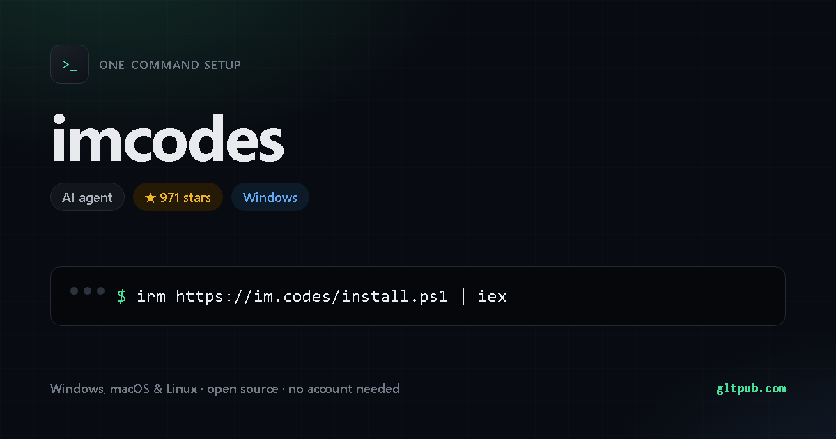 imcodes one-command setup card, ai agent, for Windows, 971 stars on the project's repository