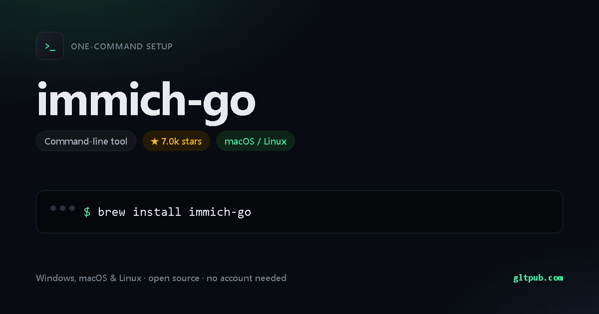 immich-go one-command setup card, command-line tool, for macOS and Linux, 7.0k stars on the project's repository