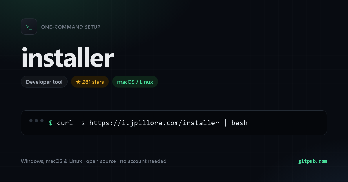 installer one-command setup card, developer tool, for macOS and Linux, 281 stars on the project's repository