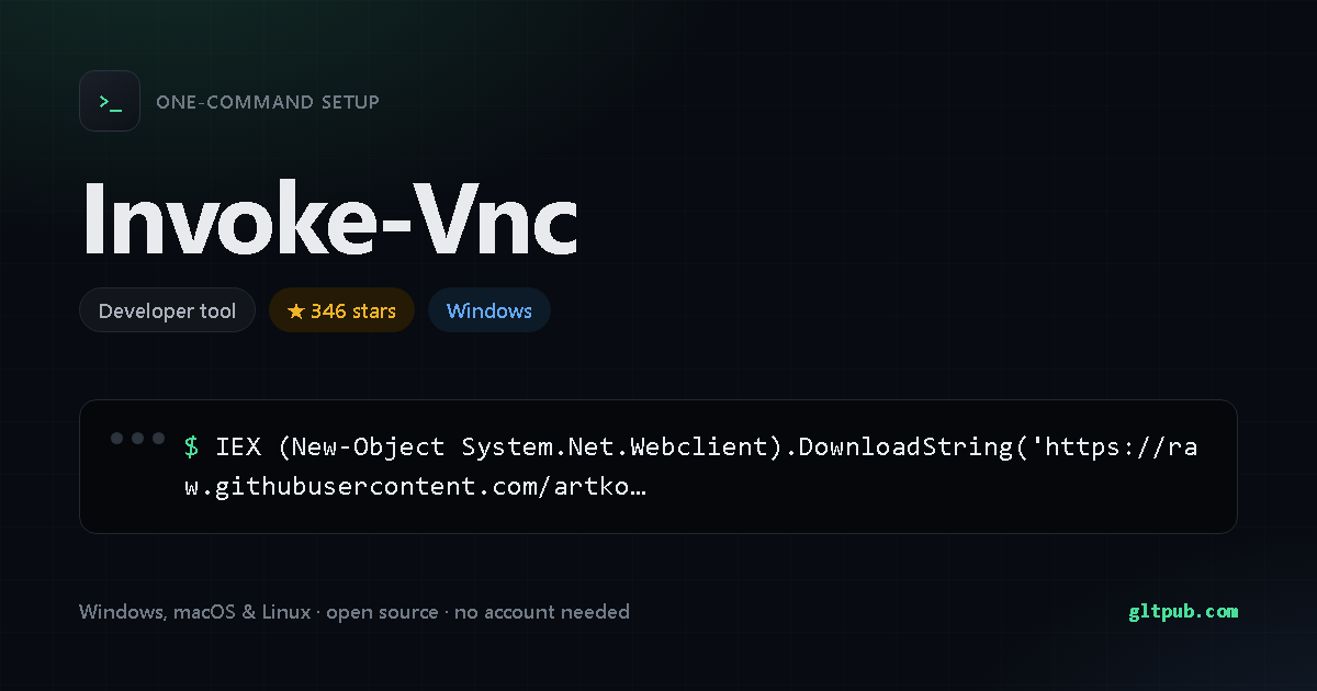Invoke-Vnc one-command setup card, developer tool, for Windows, 346 stars on the project's repository
