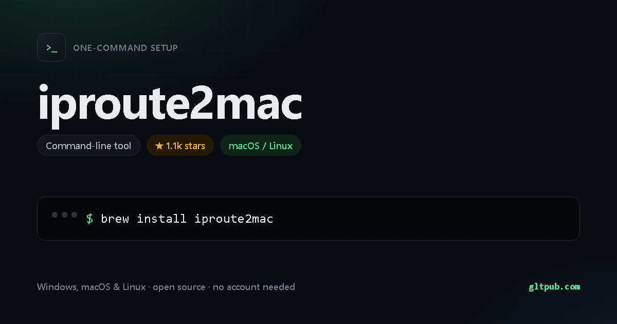 iproute2mac one-command setup card, command-line tool, for macOS and Linux, 1.1k stars on the project's repository