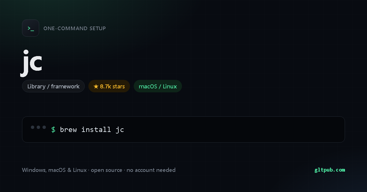 jc one-command setup card, library / framework, for macOS and Linux, 8.7k stars on the project's repository