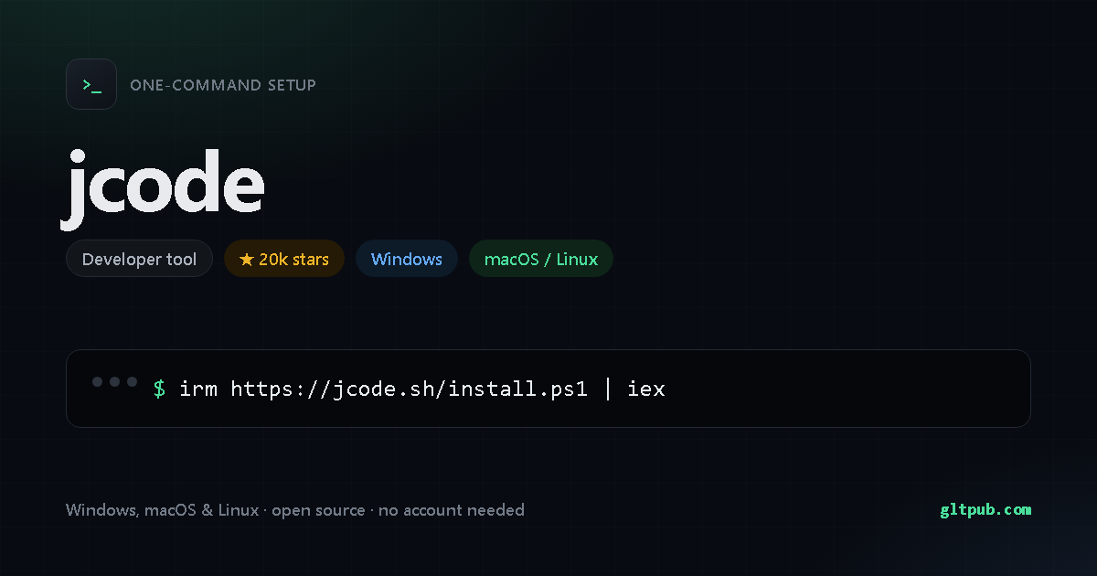 jcode one-command setup card, developer tool, for Windows and macOS and Linux, 20k stars on the project's repository