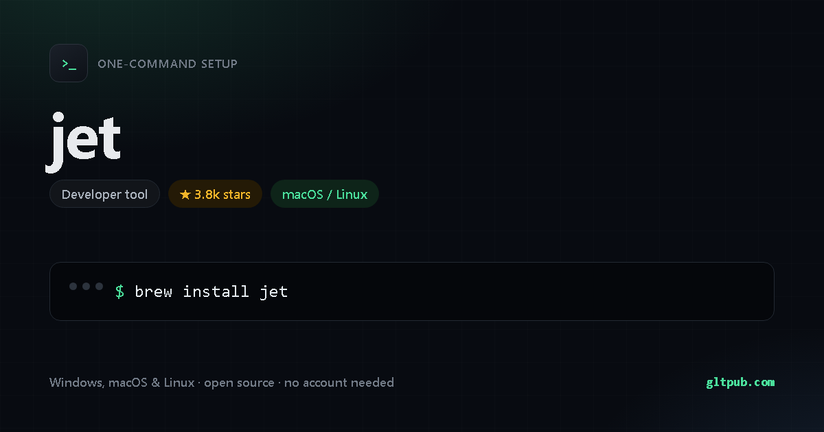 jet one-command setup card, developer tool, for macOS and Linux, 3.8k stars on the project's repository