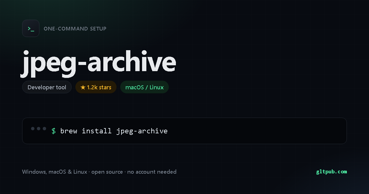 jpeg-archive one-command setup card, developer tool, for macOS and Linux, 1.2k stars on the project's repository