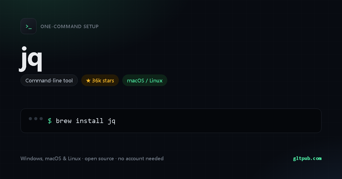jq one-command setup card, command-line tool, for macOS and Linux, 36k stars on the project's repository