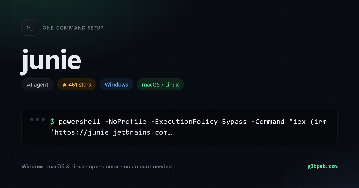 junie one-command setup card, ai agent, for Windows and macOS and Linux, 461 stars on the project's repository