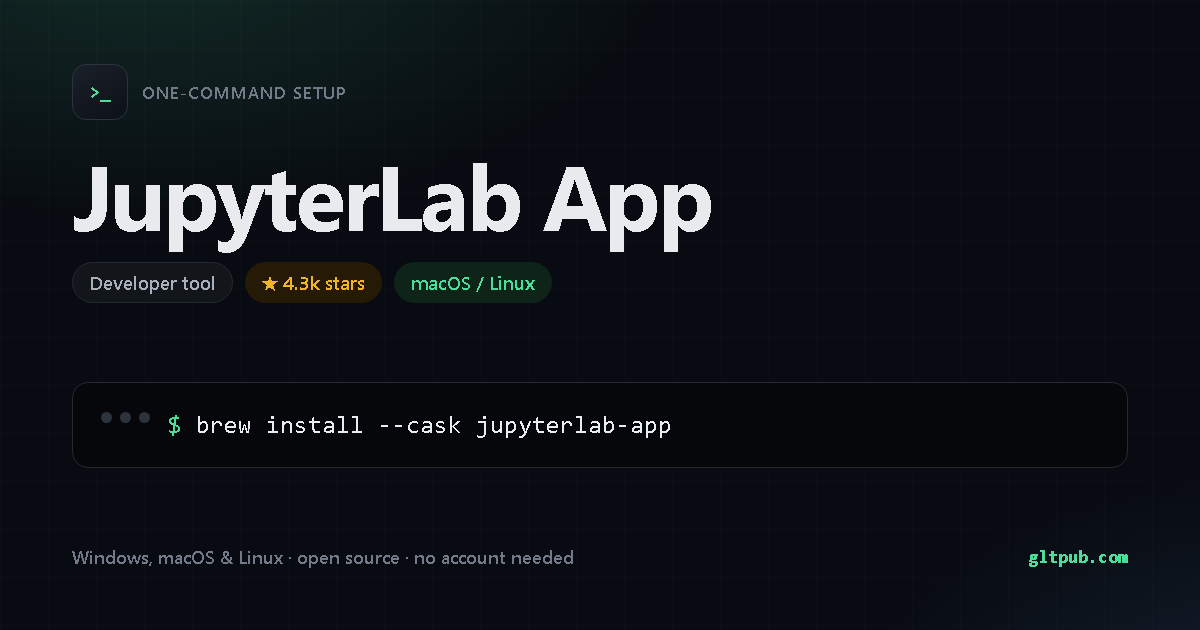 JupyterLab App one-command setup card, developer tool, for macOS and Linux, 4.3k stars on the project's repository