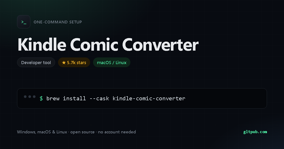 Kindle Comic Converter one-command setup card, developer tool, for macOS and Linux, 5.7k stars on the project's repository