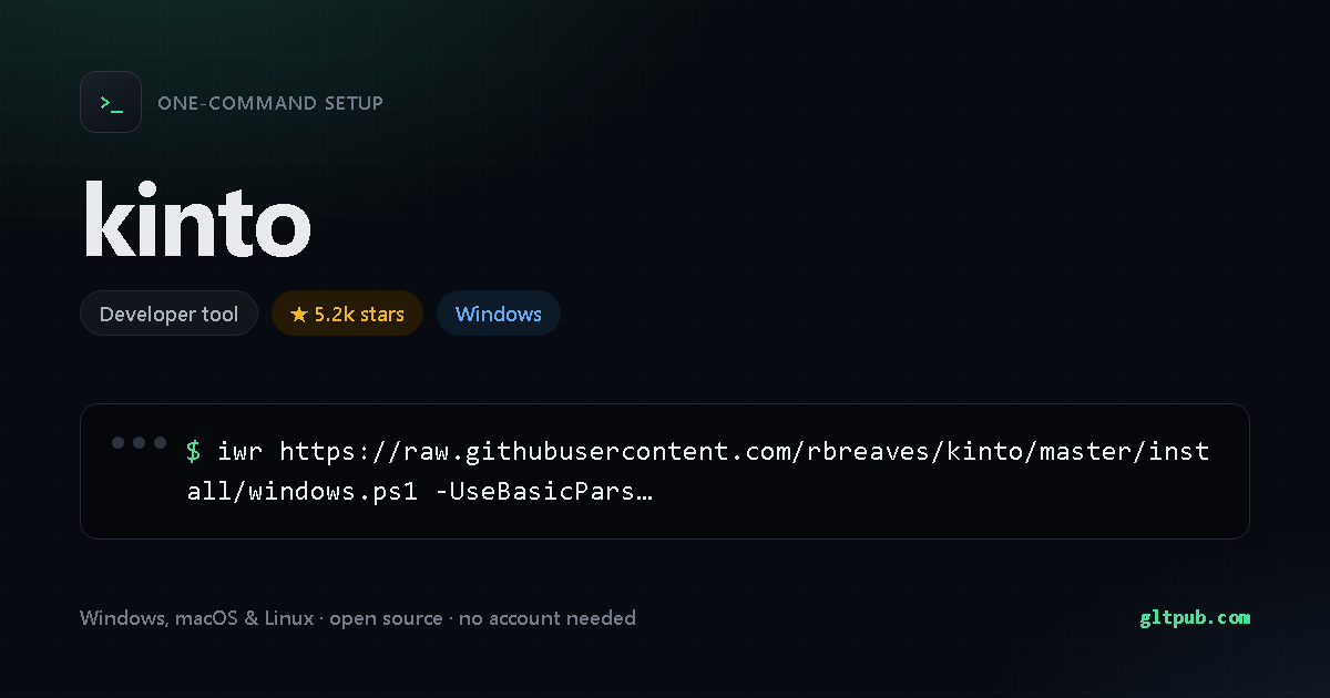 kinto one-command setup card, developer tool, for Windows, 5.2k stars on the project's repository