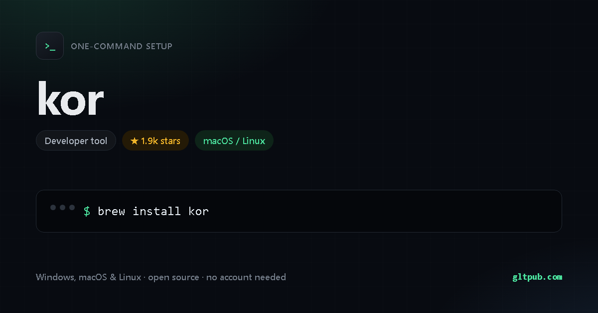 kor one-command setup card, developer tool, for macOS and Linux, 1.9k stars on the project's repository