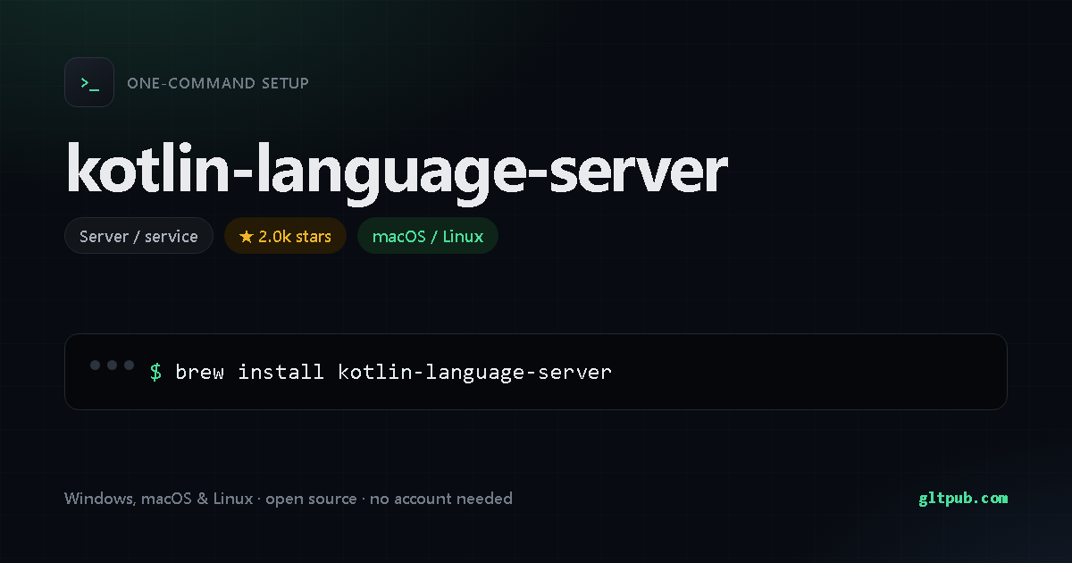 kotlin-language-server one-command setup card, server / service, for macOS and Linux, 2.0k stars on the project's repository