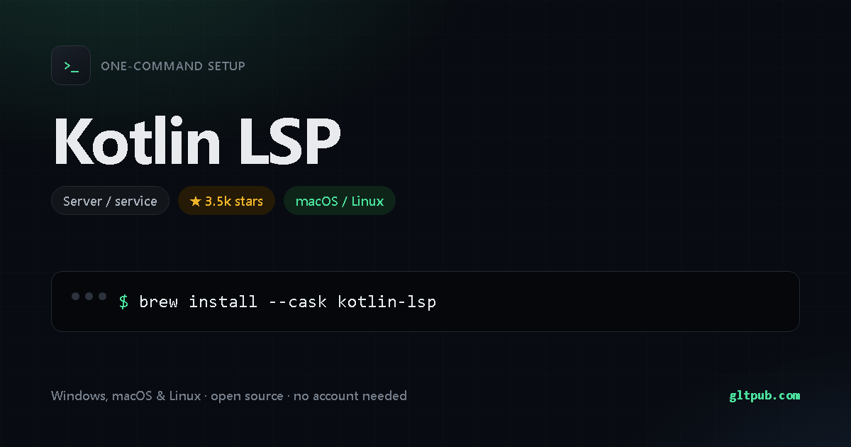 Kotlin LSP one-command setup card, server / service, for macOS and Linux, 3.5k stars on the project's repository