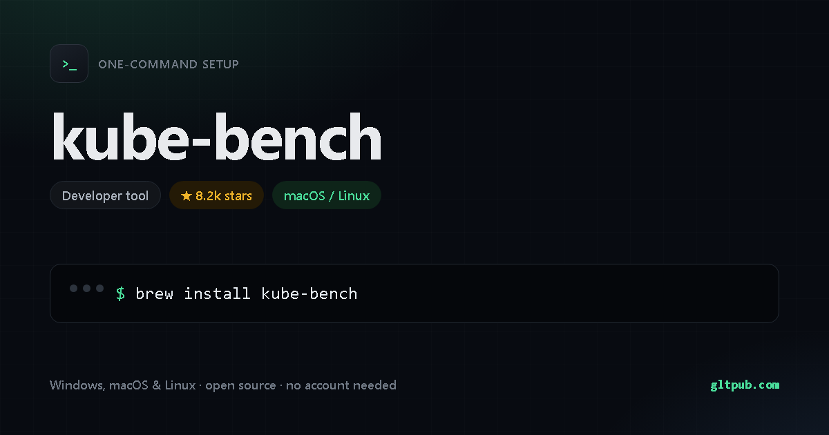kube-bench one-command setup card, developer tool, for macOS and Linux, 8.2k stars on the project's repository