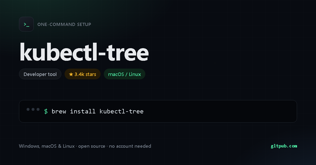 kubectl-tree one-command setup card, developer tool, for macOS and Linux, 3.4k stars on the project's repository