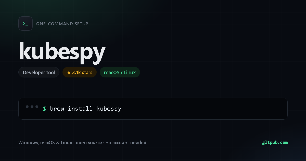 kubespy one-command setup card, developer tool, for macOS and Linux, 3.1k stars on the project's repository
